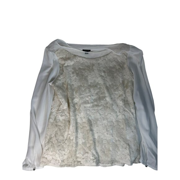 Ann Taylor White Floral Lace Blouse With Sheer Sleeves Size L Cottage Career - Picture 1 of 4